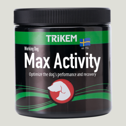 Trikem Max Activity til hunde, et kosttilskud designet til at støtte aktive hunde med øget energi og udholdenhed.