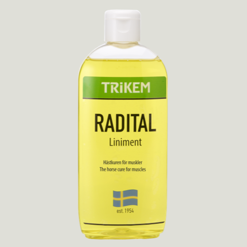Trikem Radital Liniment, et lindrende og opfriskende produkt til hunde, som hjælper med at lindre muskelspændinger og fremme restitution efter fysisk aktivitet.
